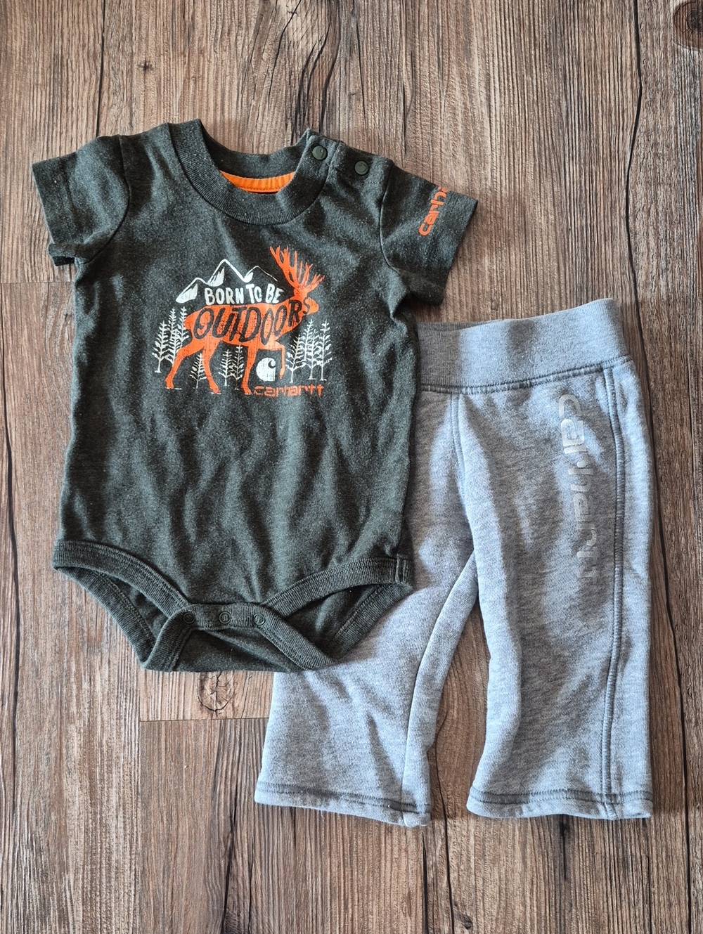 Carhartt Green Baby Graphic Onesie with Orange and Gray Pants